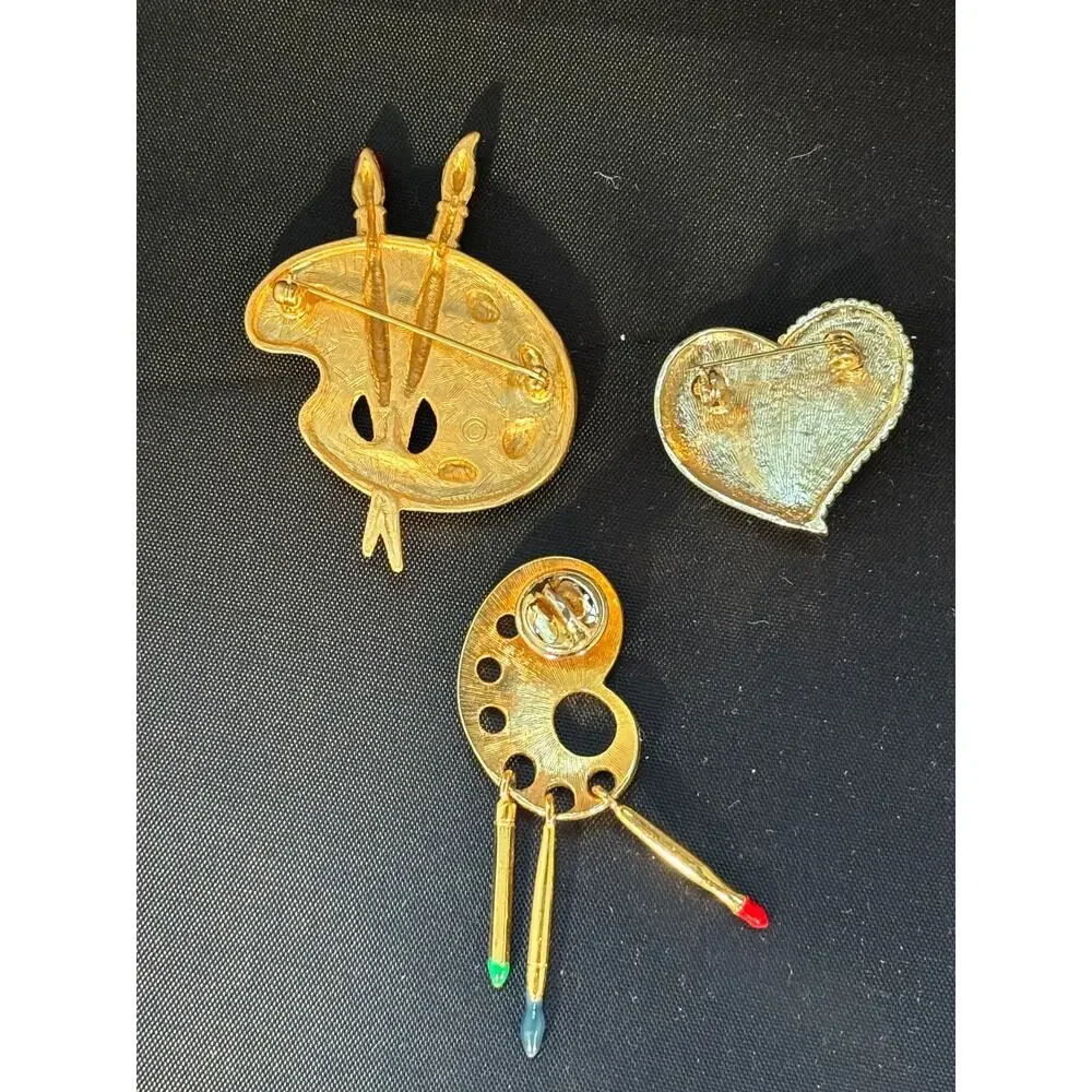 Vintage Gold Tone Jewelry Lot 3 Lapel Pins Artist Palette Heart
